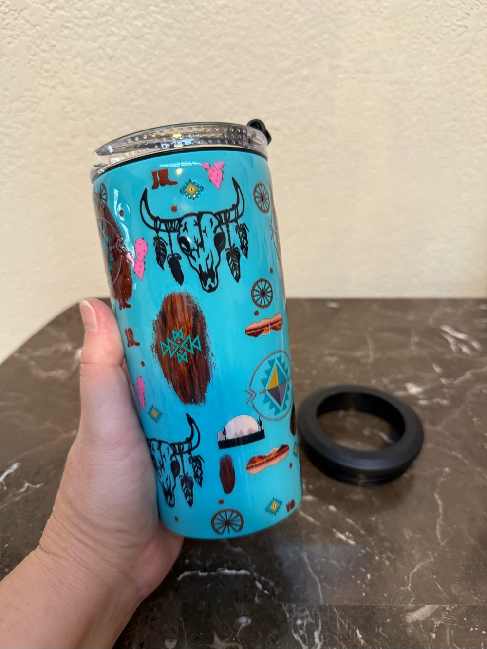 Teal Turquoise Aztec Indian Skull Wood Grain 4in1 Can Cooler Convertible Tumbler